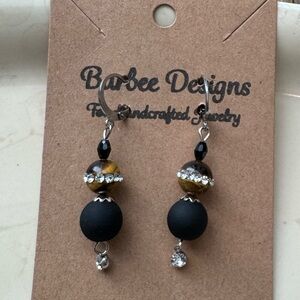 Brown Tigers Eye and Black Matte Bead with Rhinestone Dangle Earrings